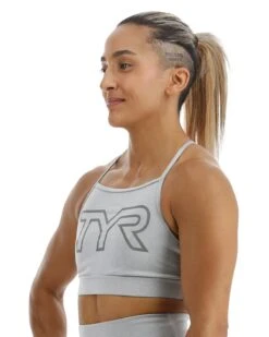 TYR Base Kinetic™ Women's High Neck Big Logo Sports Bra - Heather -Tyr FGHSHL3A 254 alt03