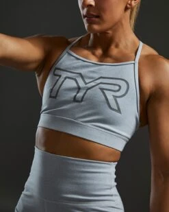 TYR Base Kinetic™ Women's High Neck Big Logo Sports Bra - Heather -Tyr FGHSHL3A 254 alt09